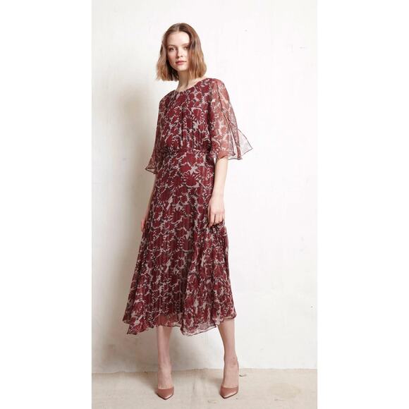 warm Fall 2018 Paradise Red Floral Silk Midi Dress Size 1/ Small - Picture 1 of 8